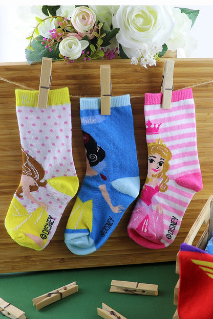 Set of 3 kids' DISNEY princess socks: blue character, white/pink dots, pink stripes