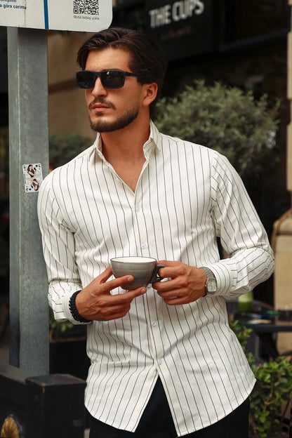 Men's off-white pinstripe button-up shirt with long sleeves and pointed collar