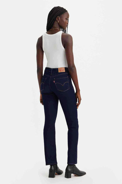 Levi's dark blue jeans with stitched back yoke and leather logo patch