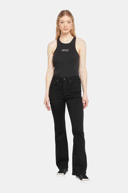 Levi's black sleeveless logo top and black jeans, front view