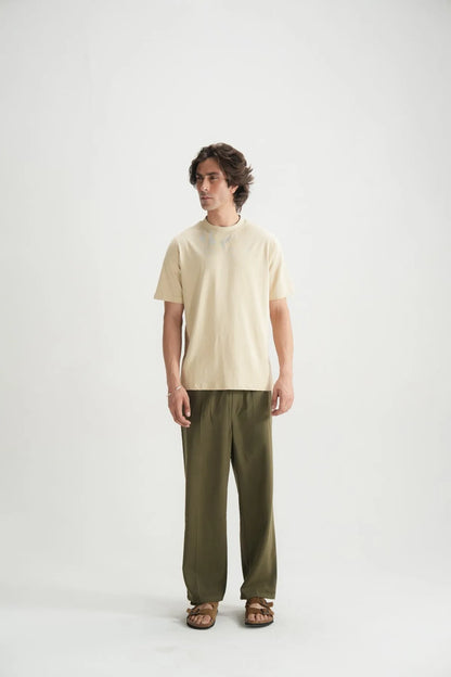 Beige short-sleeve crewneck T-shirt front view on male model