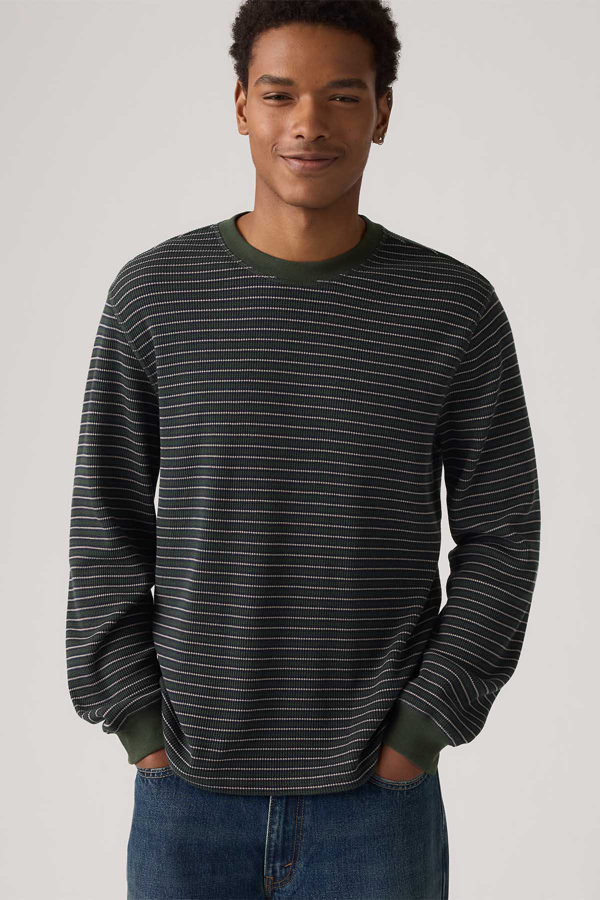 Levi's striped long-sleeve crewneck shirt in dark green with light horizontal stripes