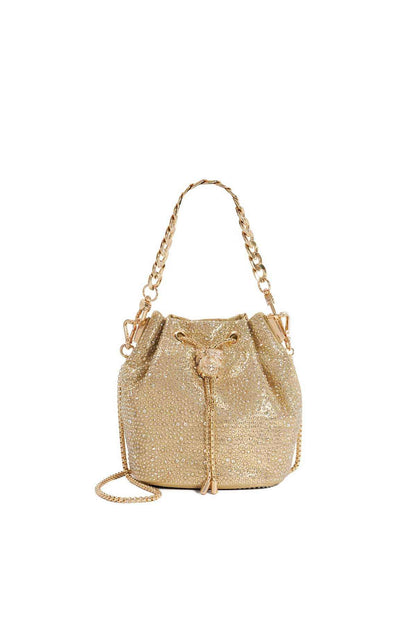 Dune London gold sequin drawstring bucket bag with chain handles