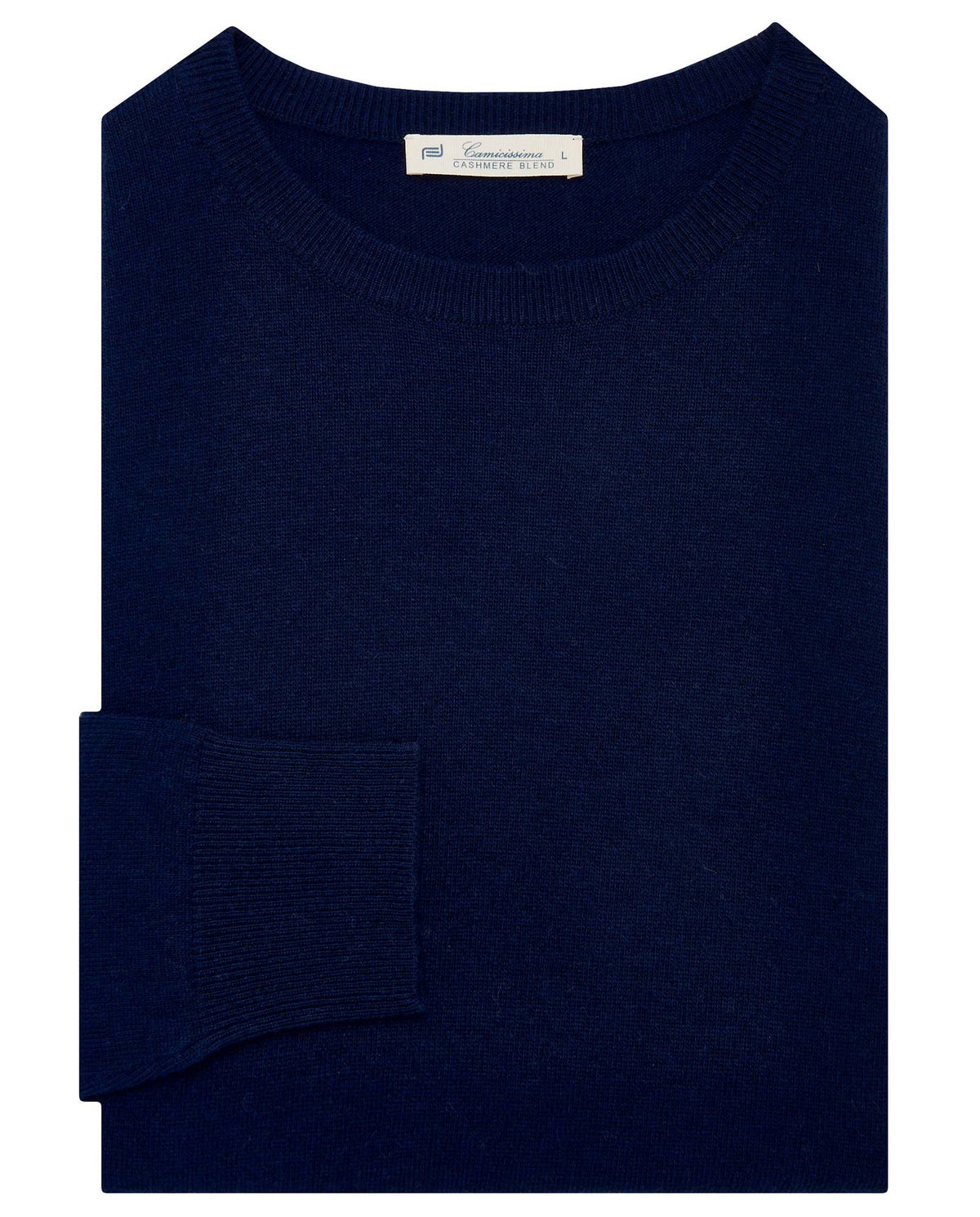 Navy blue knit crewneck sweater, ribbed cuff detail on long sleeve