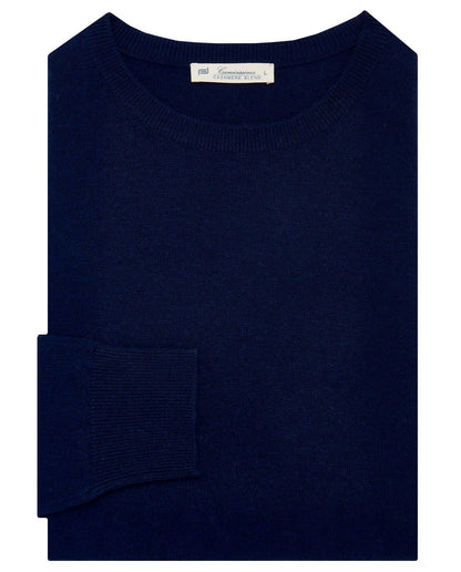 Navy blue knit crewneck sweater, ribbed cuff detail on long sleeve