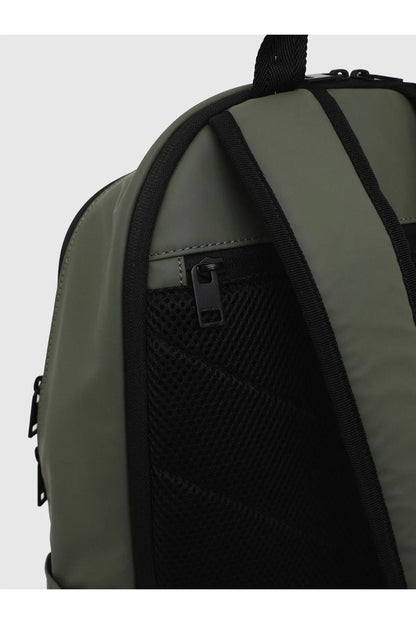 Olive green backpack with black mesh pocket and rectangular logo patch