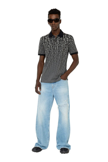 Patterned short-sleeve polo shirt with black collar, front view