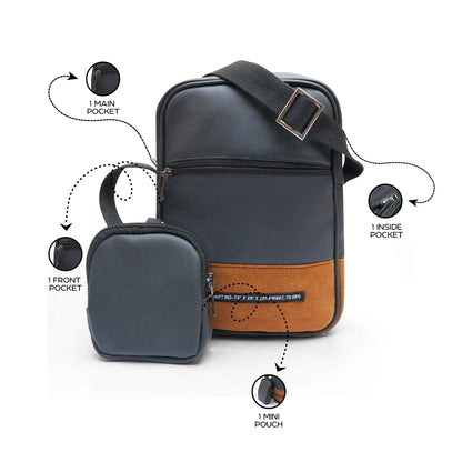 Compact crossbody set with main zip pocket, front pocket, and inside pocket, black/tan