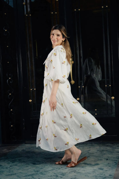 White fruit print midi dress, V-neck, puff sleeves, button-front, waist belt