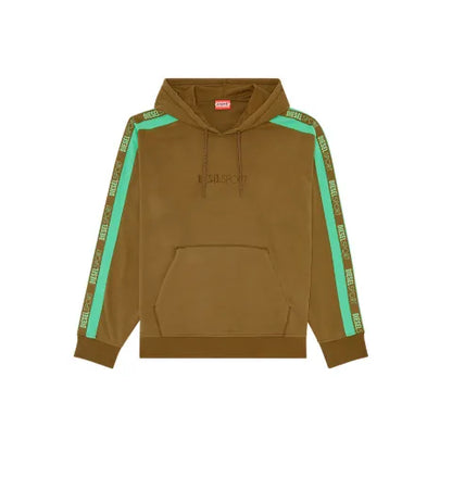 Olive-brown pullover hoodie with kangaroo pocket, hood drawstrings, and green stripe tape