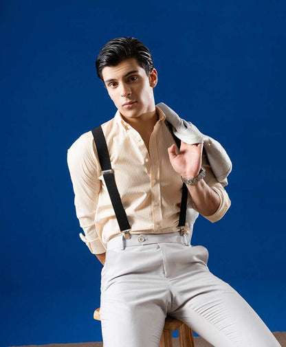 Yellow striped slim fit dress shirt with button-front, pointed collar, and long sleeves