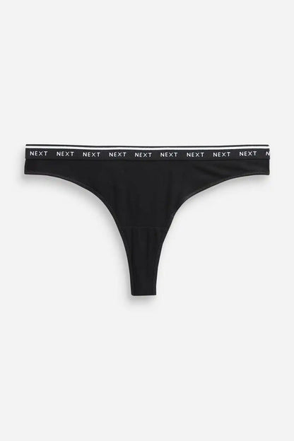 Black thong with branded waistband