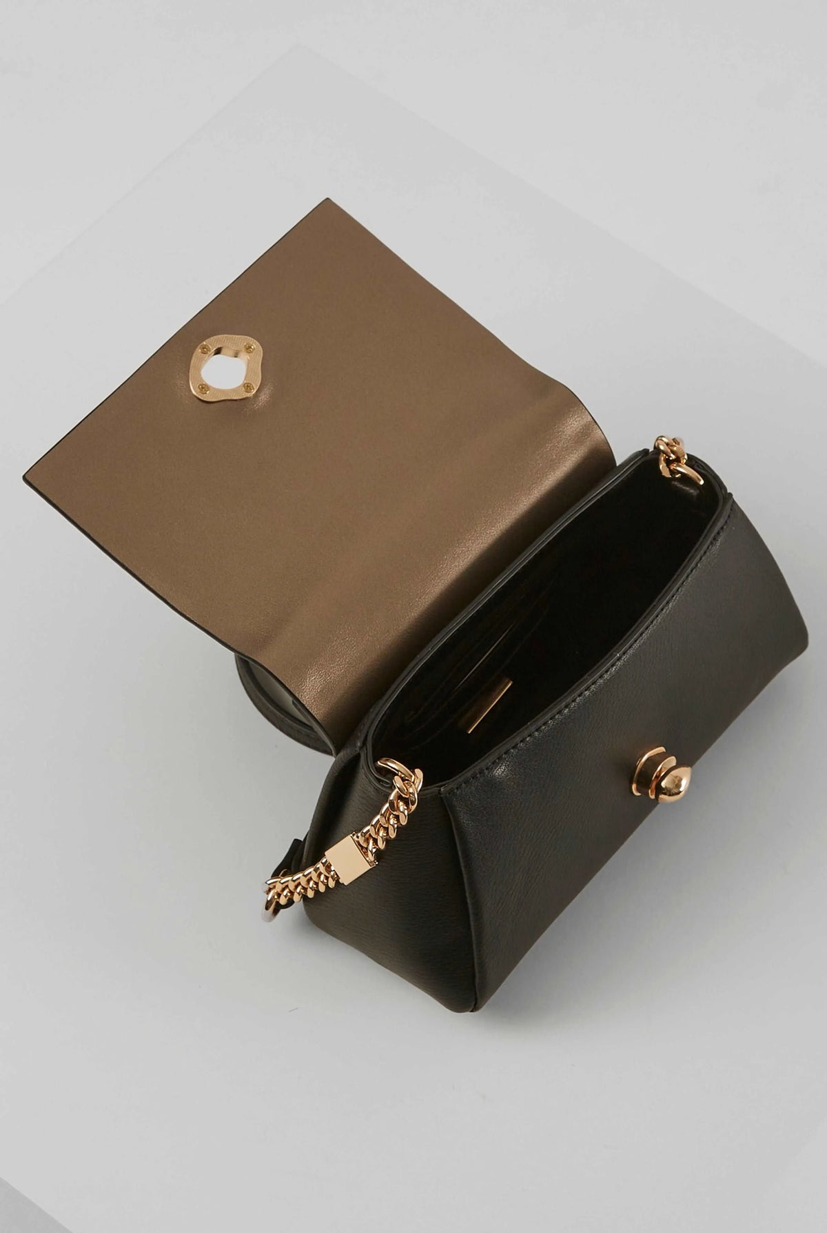 Black Luella Grey mini shoulder handbag with chain strap and gold clasp, open