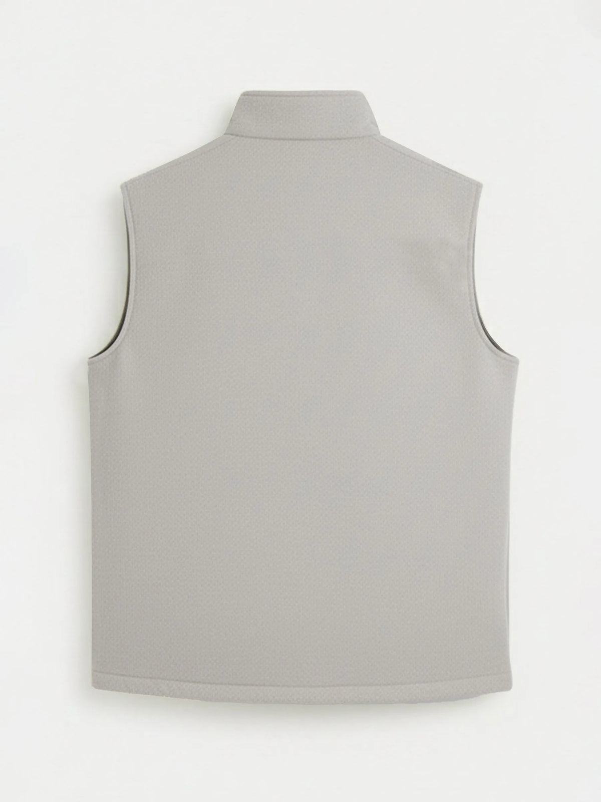 Beige sleeveless vest back view with high stand collar