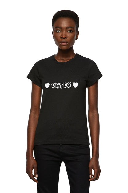 Black Diesel T-shirt with 'DETOX' heart graphic, crew neck short sleeves