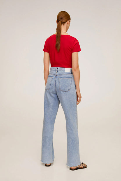 Red crewneck T-shirt, light-wash wide-leg jeans (back view)