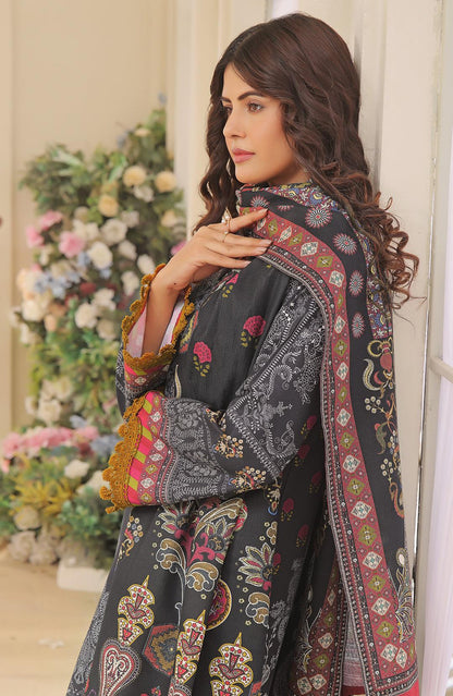 Charcoal printed kurta and multicolor paisley dupatta draped over shoulder
