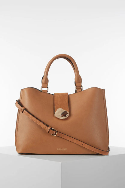 Luella Grey Pakistan brown handbag with top handles and front strap clasp