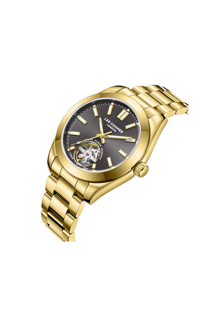 Lee Cooper gold wristwatch angled view, dark dial, metal link bracelet, skeleton detail