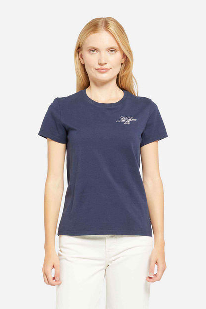 Women's dark blue crew-neck T-shirt with small script logo at chest