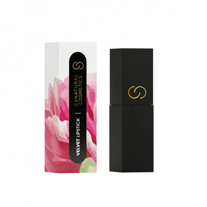 Velvet lipstick set in nude brown; black tube with pink floral branded box