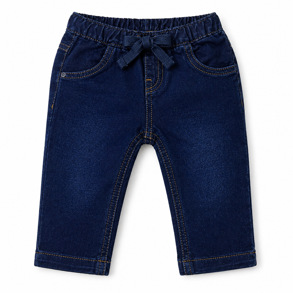 Baby denim pants dark blue with bow-tie elastic waistband and contrast stitching