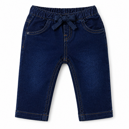 Baby denim pants dark blue with bow-tie elastic waistband and contrast stitching