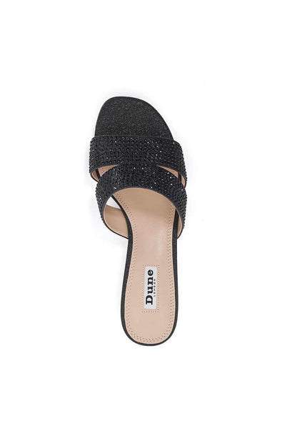 Dune London black glitter slide sandal with open toe and low jeweled heel
