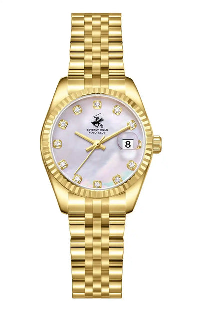 BHPC gold-tone wristwatch with round dial, crystal markers, and date window