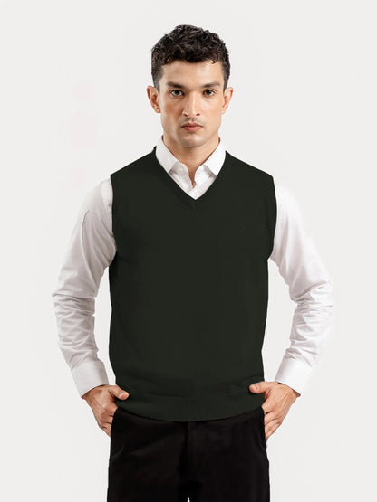Men's olive cotton V-neck sleeveless vest, ribbed neckline and hem
