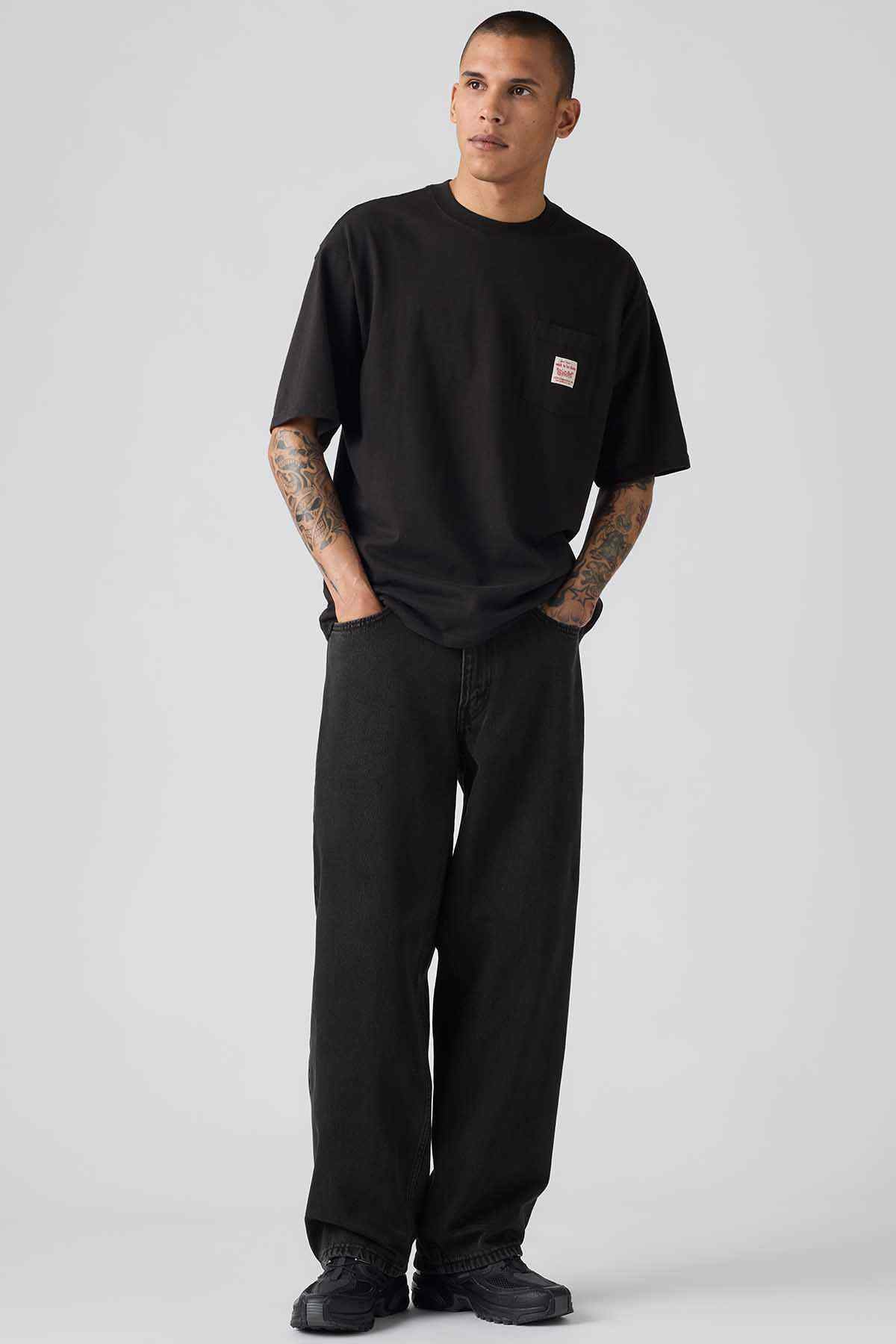 Levi's black crew-neck T-shirt and black jeans, front view