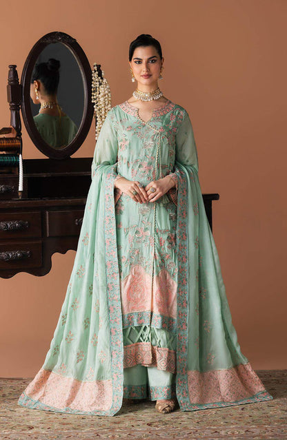 Mint teal floral stitched long dress with decorative border hem and dupatta