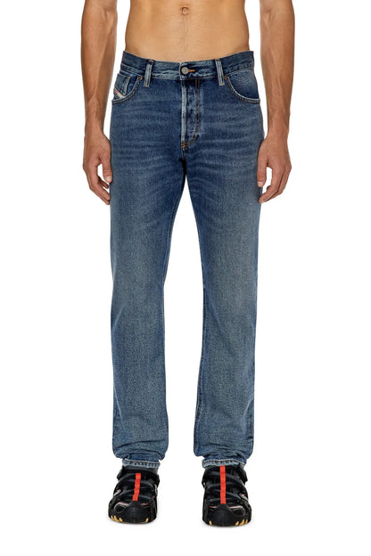 Diesel blue denim jeans with zip fly, classic straight fit, belt loops