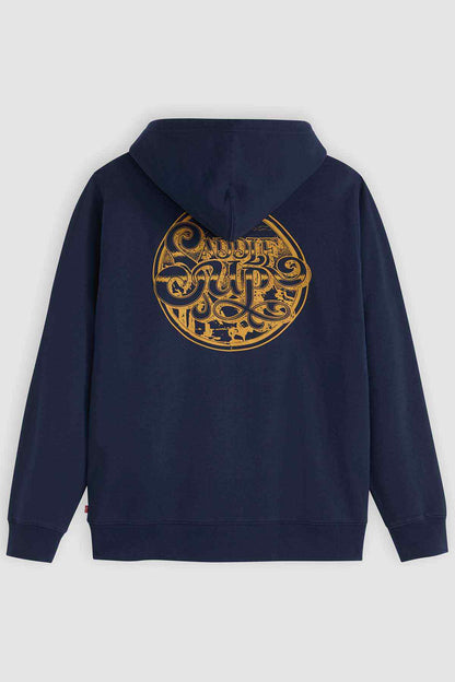 Levi's dark navy hoodie with hood and large gold circular back graphic