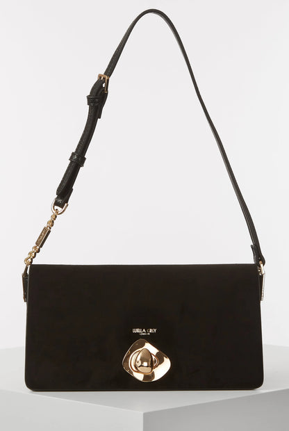Black shoulder bag with gold emblem front and adjustable strap