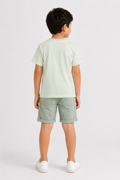 Light green boys T-shirt and matching shorts set, back view