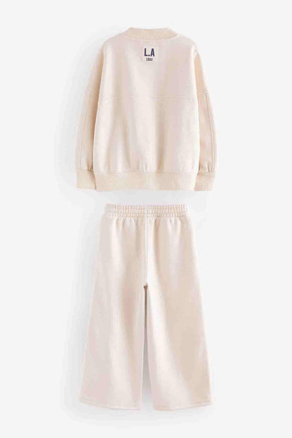 Ecru kids sweatshirt and jogger pants set, small LA logo on back, elastic waist