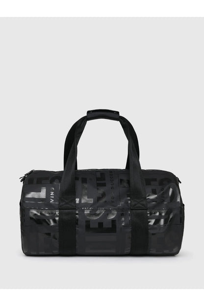 Diesel black duffel bag with top handles and repeating logo pattern