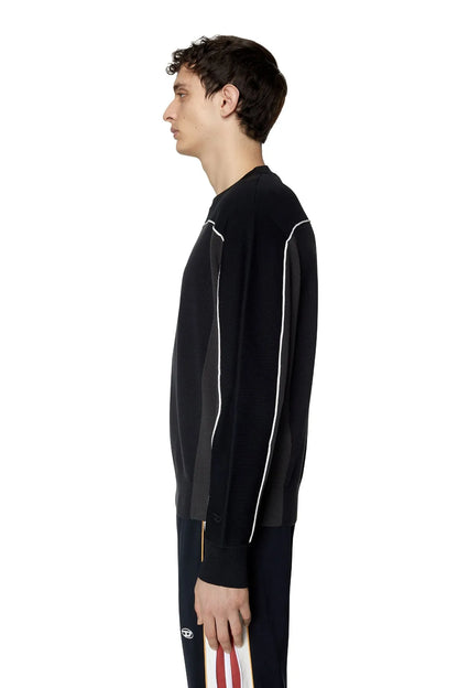 Diesel crewneck sweater, black with white vertical stripe at shoulder and sleeve