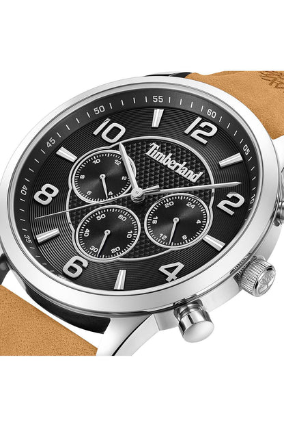 Timberland men's wristwatch dial close-up, black face with three chronograph subdials