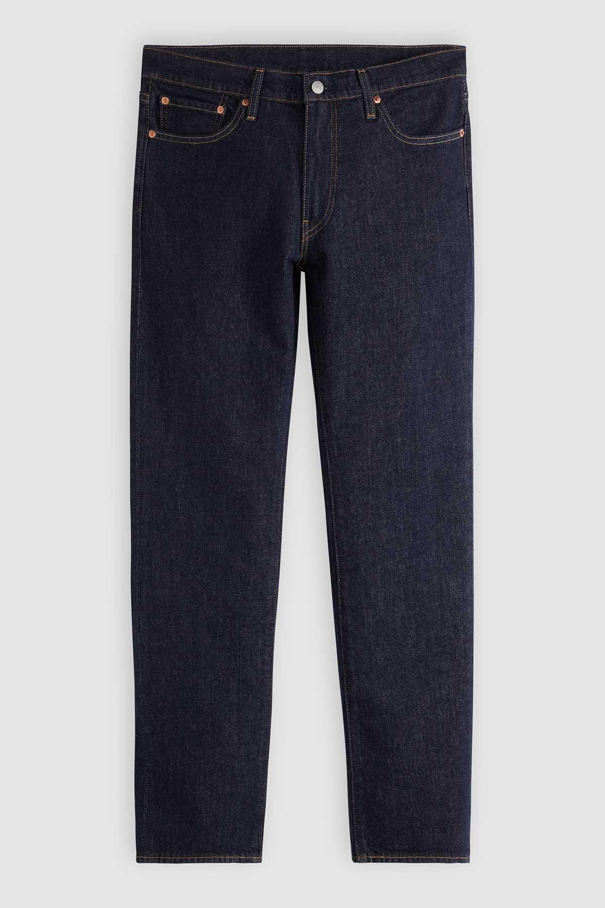 Levi's dark blue jeans with five-pocket design and button fly