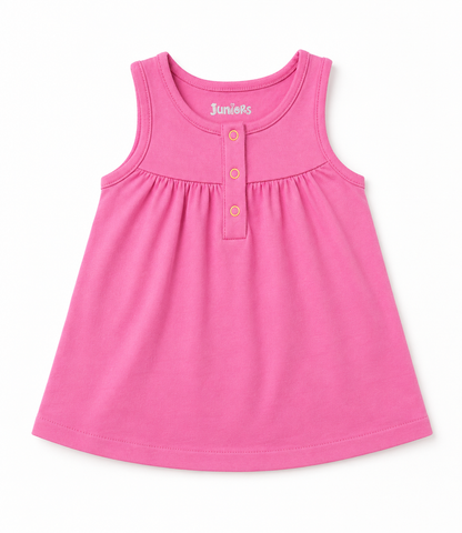 Pink sleeveless baby dress front with button placket and 'Juniors' print