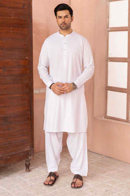 Men's white button-front kurta and pants set, long sleeves, stand collar