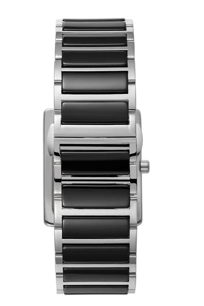 BHPC watch with black dial and silver/black metal link bracelet, front view