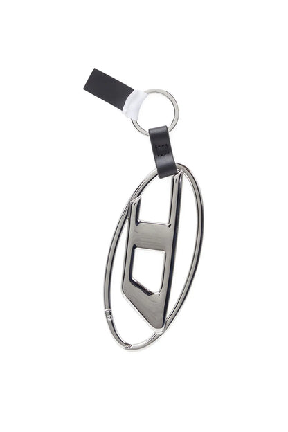 Diesel silver-tone metal keychain with oval ring and black leather strap
