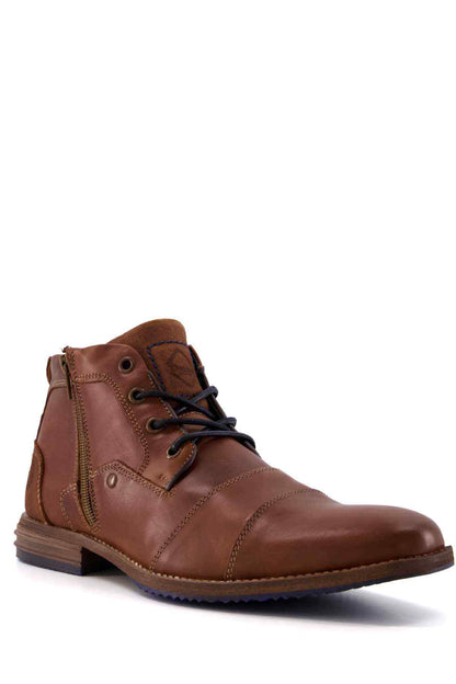 Tan-brown leather lace-up ankle boot with dark laces and stitched toe cap.