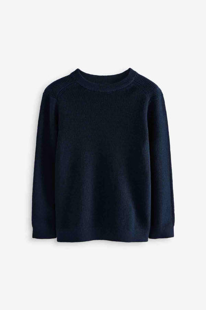 Navy crewneck knit sweater with long sleeves, relaxed fit