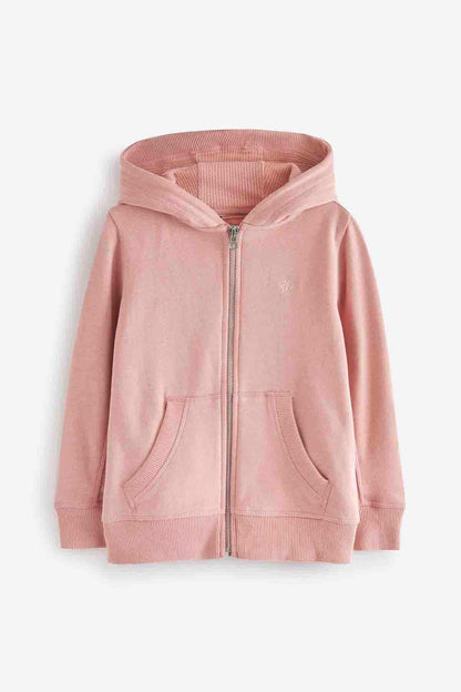 Pink kids zip-up hoodie with hood, front zipper, and kangaroo pockets, front view