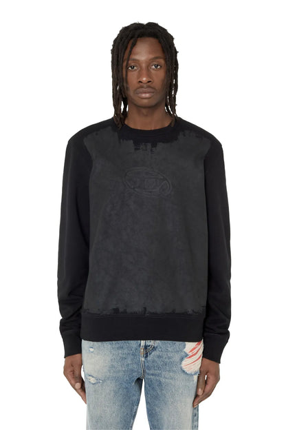 Diesel black crewneck sweatshirt with large faded oval logo on the chest