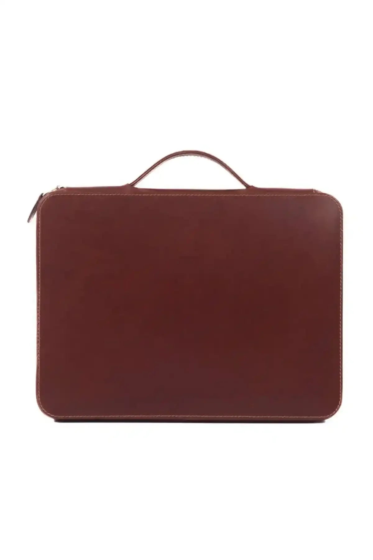 Brown leather briefcase-style organizer with top handle and stitched edges